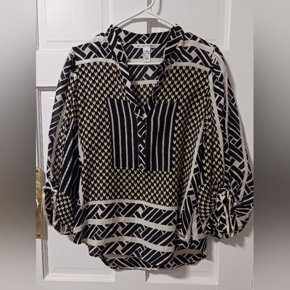 DVF Diane Von Furstenberg Silk- Cotton Geometric Blouse, Sz 8, Small Flaw